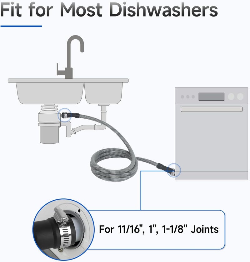 JUWO 10 FT Dishwasher Drain Hose, Corrugated and Flexible Dishwasher Hose Drain Replacement with Clamps, Discharge Hose Fits 11/16", 1", 1-1/8" Dishwasher End - Image 3